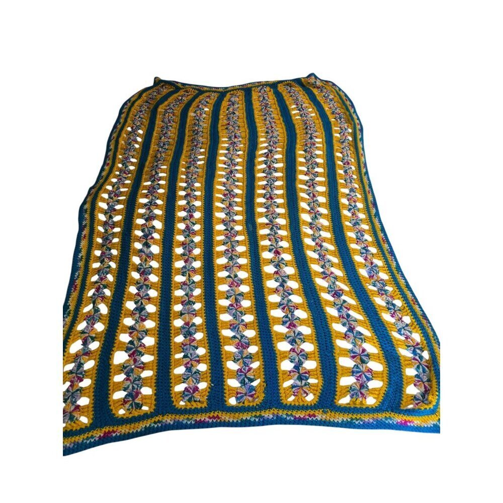 Vintage Handmade Crochet Afghan Throw Space Dye Yellow Maximalist MCM